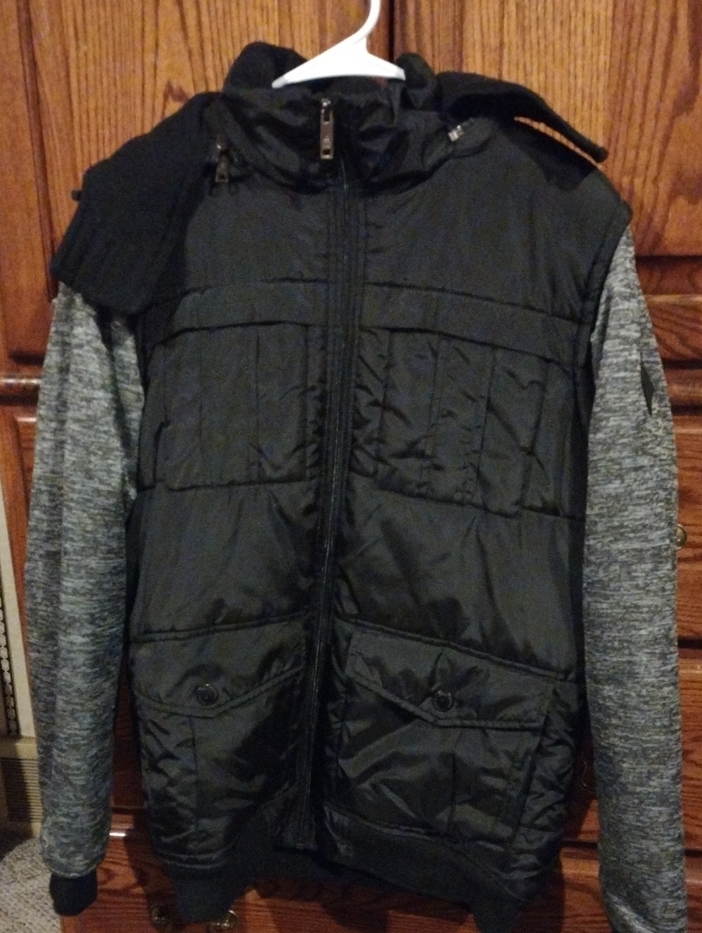 South Pole Black Quilted Puffer Jacket with Gray Knit Sleeves